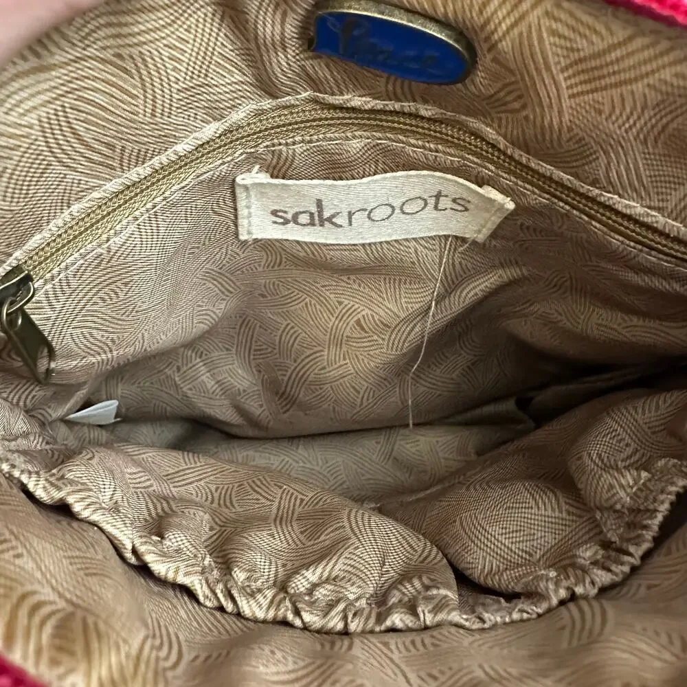 Sak Roots Artist Circle Flat Crossbody Purse Red Floral Brown Adjustable Strap
